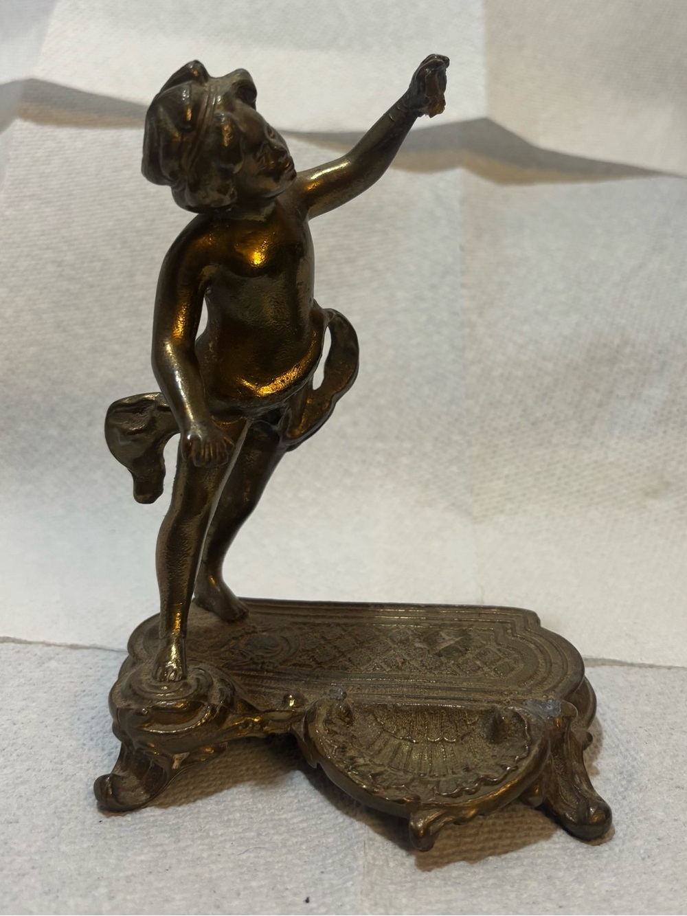 Antique Victorian Bronze Cherub Pocket Watch Holder & Ring Tray C. 1890